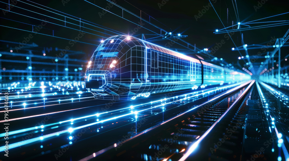 Poster a modern passenger train glides through a tunnel aglow with an array of colorful lights, creating a 