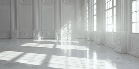 An empty white room with windows, where the soft light reflects gently, casting a serene ambiance within the space.