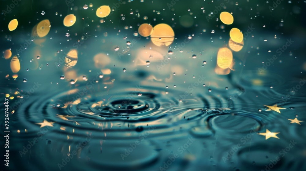 Poster Raindrops creating ripples in a puddle beneath a sky filled with falling stars