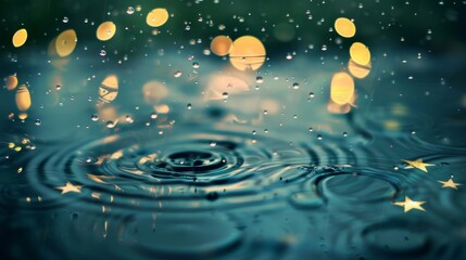 Obraz premium Raindrops creating ripples in a puddle beneath a sky filled with falling stars