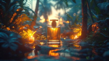 Men perfume glass bottle with chrome lit product shoot in a tropical background no labels, photo-realistic, product, design - Generative AI. - obrazy, fototapety, plakaty