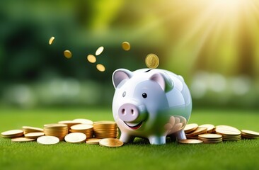 Happy piggy bank and flying golden coins on green garden background. Concept of saving money and seasonal sales - obrazy, fototapety, plakaty