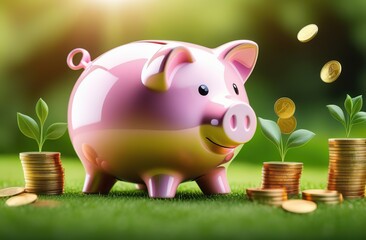 Happy piggy bank and flying golden coins on green garden background. Concept of saving money and seasonal sales