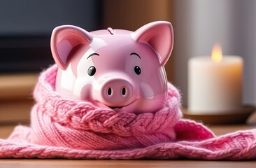 Pink piggy bank wrapped up warm with a scarf in house. Winter heating bills concept. Copy Space - obrazy, fototapety, plakaty
