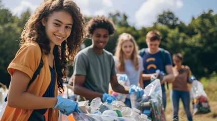 Diverse group of young people and volunteers volunteering and cleaning up trash and plastics to recycle - Powered by Adobe