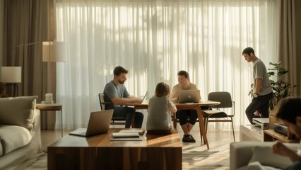 A group of young friends relax together in a warm, inviting living room, each engaged with their laptops and mobile devices. 