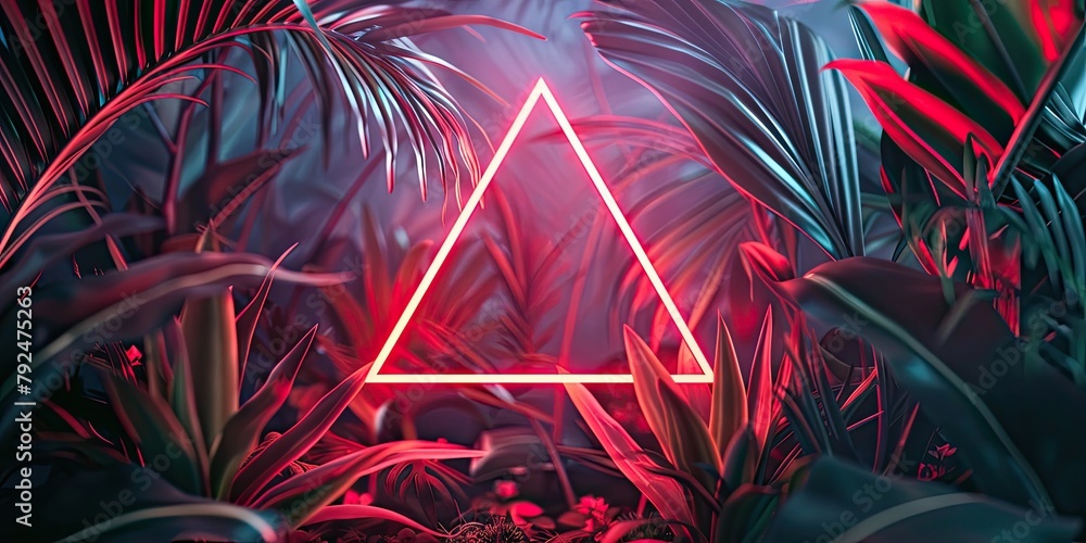 Poster illuminated by vibrant neon light, a geometric triangle stands out against the backdrop of dense jun