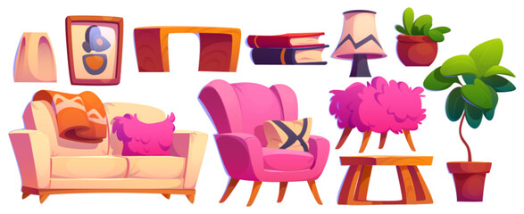 Living room interior furniture and decorative elements in bright pink colors. Cartoon vector illustration set of cute girly house and apartment indoor cabinetry - sofa and armchair, ottoman and table. - obrazy, fototapety, plakaty