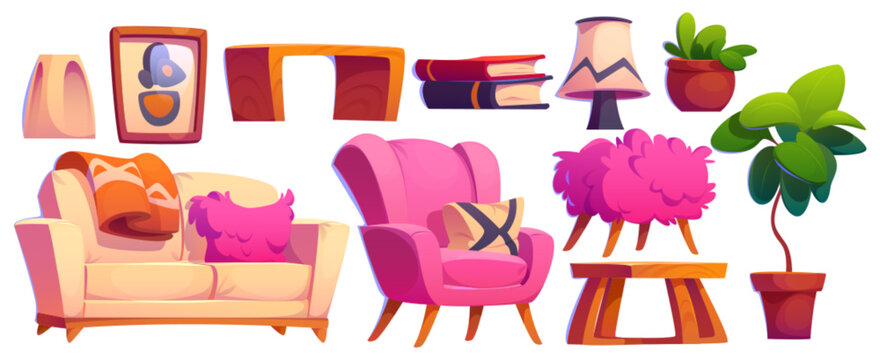 Fototapeta Living room interior furniture and decorative elements in bright pink colors. Cartoon vector illustration set of cute girly house and apartment indoor cabinetry - sofa and armchair, ottoman and table.