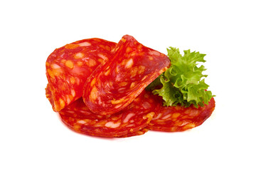 Chorizo sausage, thin cut. Spanish salami, close-up, isolated on white background
