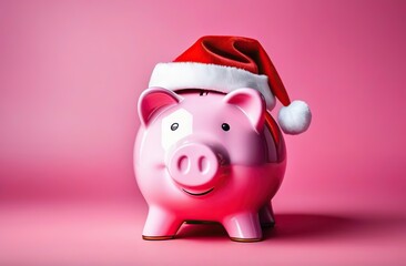 Bank Christmas: Pink Piggy Bank with Christmas Hat Saving for December Gifts