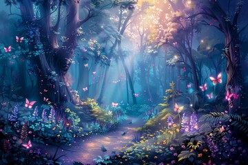 Obraz na płótnie Canvas illustration of a magical forest with colorful butterflies and plants