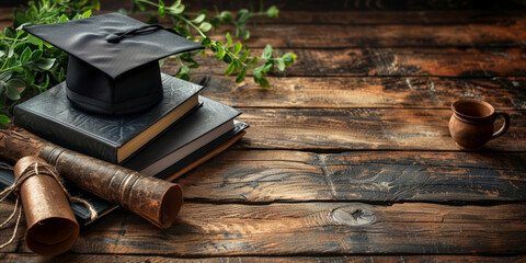 A mortarboard and diploma on top of leather-bound books beside a clay mug, symbolizing academic achievement and the culmination of educational efforts. Graduation time in educational institutions.