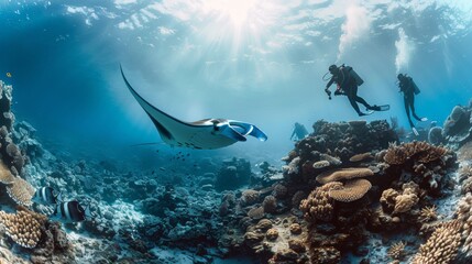 Scuba divers encountering a majestic manta ray gliding gracefully over a coral reef - obrazy, fototapety, plakaty