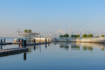 early morning view of the Dubai skyline in UAE from Dubai creek Harbour marina