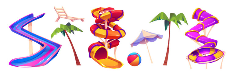 Fototapeta premium Aqua park slides set isolated on white background. Vector cartoon illustration of water park design elements, amusement equipment for swimming pool, inflatable ball, tropical palm trees, parasol