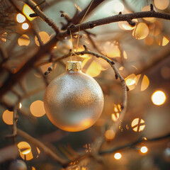 Closeup of holiday Christmas tree ornament on branch with bokeh festive glowing party lights background with copy space