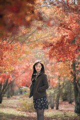 Portrait of a young Asian woman with autumn leaves - 792478675