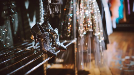 A pair of shiny black tap shoes sit atop a wooden dance floor their silver metal taps glinting in the light. Next to them a fringed flapperstyle dress hangs from a costume rack complete . - Powered by Adobe