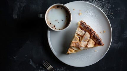 There is a cup of coffee with milk and a slice of apple pie on a white plate against a black - obrazy, fototapety, plakaty