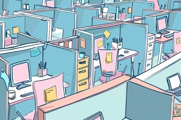 Fototapeta premium Cartoon cute doodles of cubicles with empty desks and computers, with filing cabinets and office supplies neatly organized, Generative AI