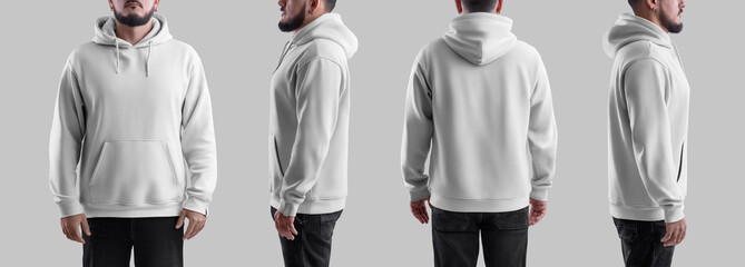 Mockup of white oversized hoodie on bearded guy in jeans, isolated on background, front, side, back view. Set