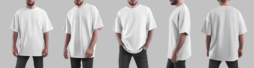 Oversized white t-shirt mockup on a bearded guy in jeans, summer clothing for design, branding, front, side, back view. Set - obrazy, fototapety, plakaty