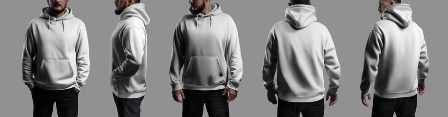 Template of a white oversized hoodie on a bearded guy, clothing for design, branding, front, side, back. Set
