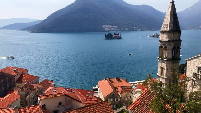 Aerial view of islands in the Bay of Kotor. An aerial view of the Islands of Saint George and Our Lady of the Rocks from the town of Perast. Adriatic Sea. Perast, Montenegro. Europe.