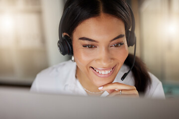 Woman, headset and call center with smile for telemarketing, contact and business deal. Sales...