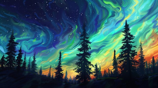 Silhouettes of trees against a backdrop of swirling northern lights, evoking a sense of wonder and tranquility in the wilderness.
