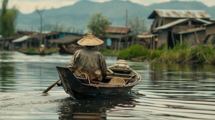 Along the tranquil waters of Inle Lake, traditional Burmese fishermen ply their trade, skillfully maneuvering their wooden boats with a distinctive one-legged rowing technique.
