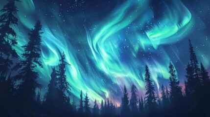 Silhouettes of trees against a backdrop of swirling northern lights, evoking a sense of wonder and tranquility in the wilderness.