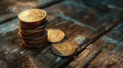 Stack of coins on a wooden table - obrazy, fototapety, plakaty
