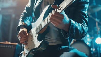 A male guitarist is playing an electric guitar during a rehearsal in a studio, focusing on the - obrazy, fototapety, plakaty