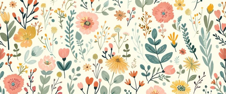 Design an enchanting pattern with vibrant flowers and lush greenery