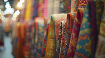 Through a hazy lens rows of traditional textiles come into view each piece telling a story of culture and heritage. The defocused background adds a dreamlike quality to the display . - obrazy, fototapety, plakaty