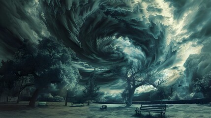 Stormy Surreal Floating Park Scene with Swirling Dark Clouds and Levitating Trees and Benches in a Dramatic Atmospheric Landscape - obrazy, fototapety, plakaty