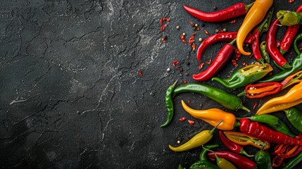 The image shows red hot chili peppers placed on a black table. There are also green and yellow hot