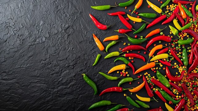 The image shows red hot chili peppers placed on a black table. There are also green and yellow hot