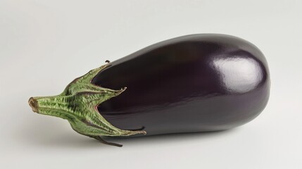A single eggplant is shown by itself on a white background, seen from the front.