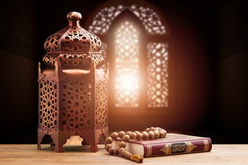Ramadan arabic lantern with candle at night