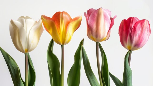 Tulips, which are spring flowers, are shown isolated on a white background.