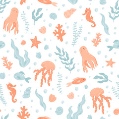 Cute pattern with cartoon sea animals, underwater life - octopus, jellyfish, seahorse. Vector seamless hand-drawn texture with sea elements on white background.