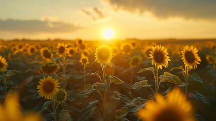 Sunflower field ablaze with color as the sun sets, casting long shadows across the landscape - obrazy, fototapety, plakaty