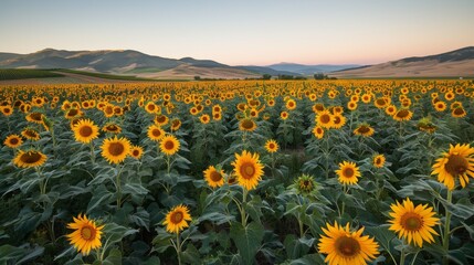 Sunflower field ablaze with color as the sun sets, casting long shadows across the landscape - obrazy, fototapety, plakaty