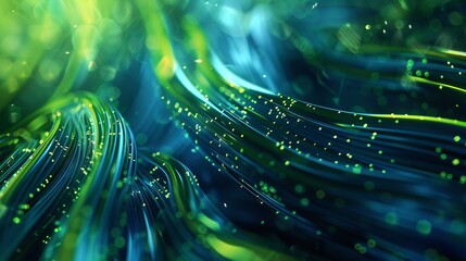 3d render of glowing green and blue  data pipeline fibers