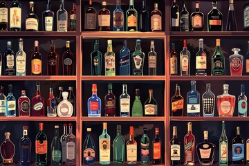 Illustrate a dynamic array of various alcoholic beverages displayed on shelves in a well-stocked bar, each bottle gleaming with its unique label design, captured in a dramatic perspective adding depth