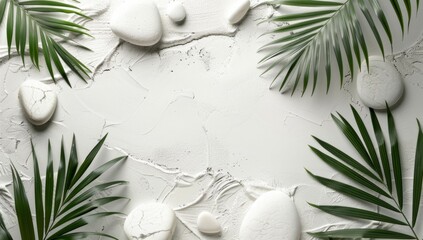 White stones and palm leaves on a white background