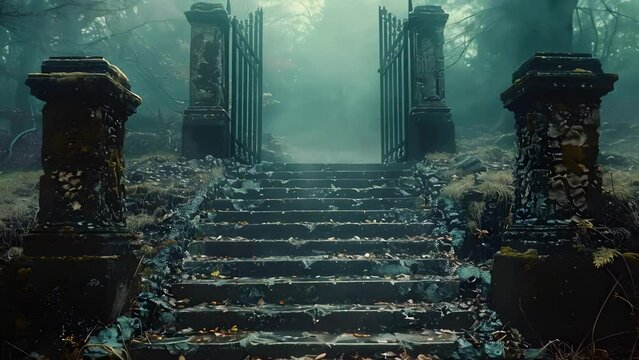 Stairway to the Mysterious Abyss. Concept Adventure Photography, Enchanting Landscapes, Surreal Portraits, Deep Shadows, Mystical Settings